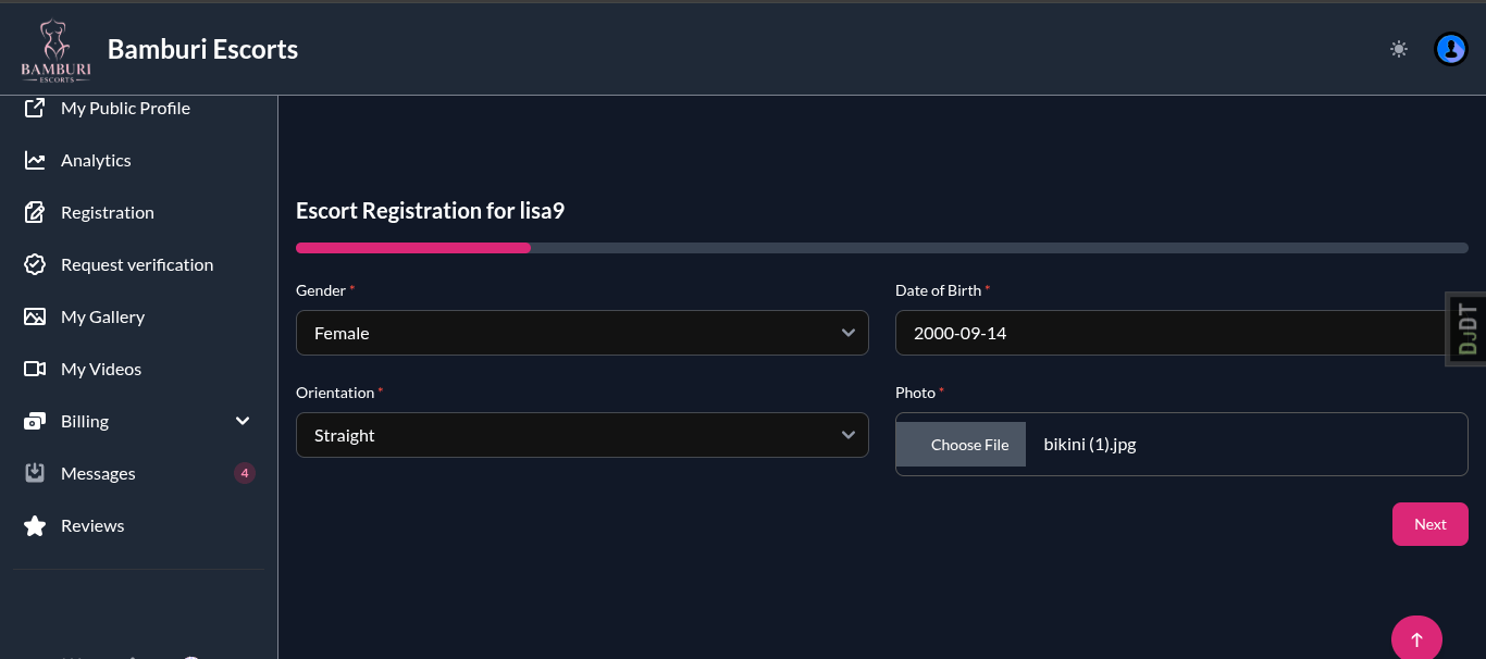 Escort Registration Details Page Screen shot