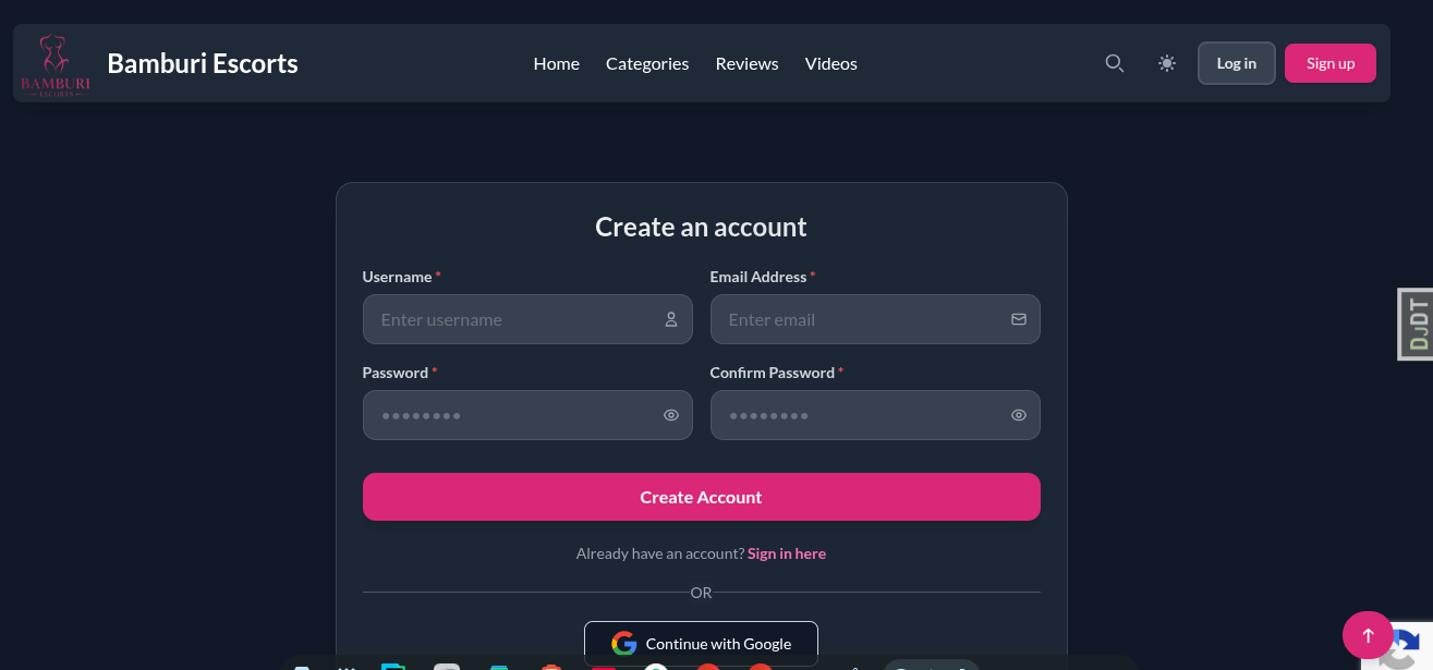 Sign up page screenshot